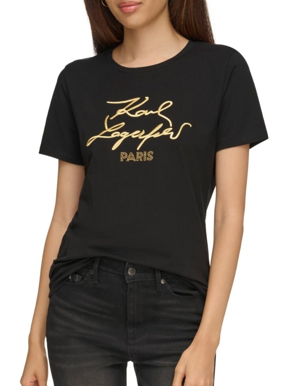 Karl Lagerfeld Women's Size XS Gold Metallic Embroidered Black Knit Top NEW